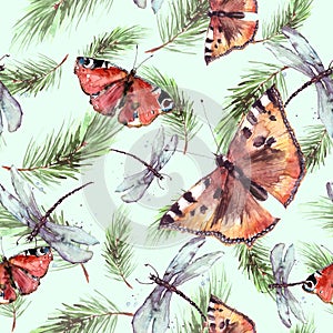 Watercolor Vintage seamless pattern.With a picture - a branch of spruce,dragonfly,butterflies. Pine, fir-tree and cedar. pattern o