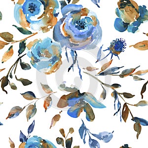 Watercolor vintage seamless pattern with turquoise roses, wildflowers. Natural blue floral texture on white background