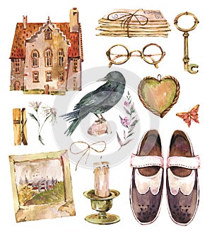 Watercolor vintage set, House watercolor, dark academia photo