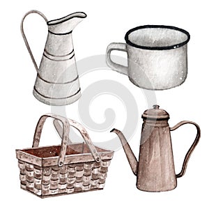 Watercolor vintage set of kitchenware like iron jug, white cup, wooden basket and rown teapot