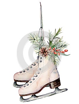 Watercolor vintage skates with Christmas decor. Hand painted white skates with fir branches, berries and fir cone