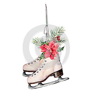 Watercolor vintage skates with Christmas floral decor. Hand painted white skates with fir branches, berries, holly