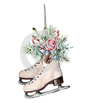 Watercolor vintage skates with winter floral decor and candies. Hand painted white skates with fir branches, berries