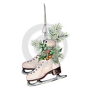 Watercolor vintage skates with winter floral decor. Hand painted white skates with fir branches, berries, holly