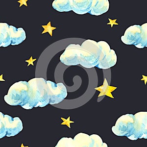 Watercolor vintage stars and clouds seamless pattern
