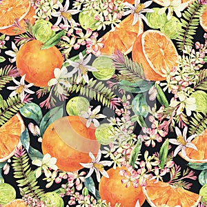 Watercolor Vintage Tropical Summer Fruit Seamless Pattern Orange Flowers on Black