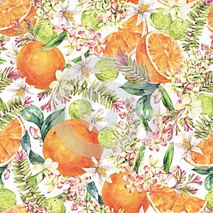 Watercolor Vintage Tropical Summer Fruit Seamless Pattern Orange on White