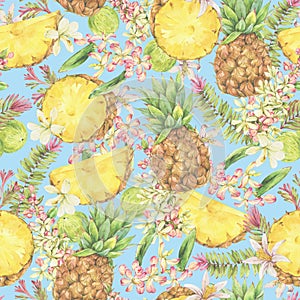 Watercolor Vintage Tropical Summer Fruit Seamless Pattern Pineapple on Blue