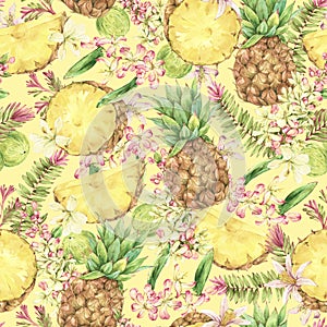 Watercolor Vintage Tropical Summer Fruit Seamless Pattern Pineapple on Yellow