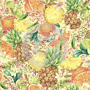 Watercolor Vintage Tropical Summer Fruit Seamless Pattern on Yellow