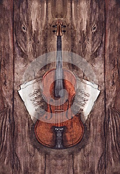 Watercolor vintage violin fiddle musical instrument with music notes on wooden texture background