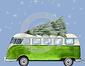 Watercolor Vintage VW Bus with a Christmas tree on top