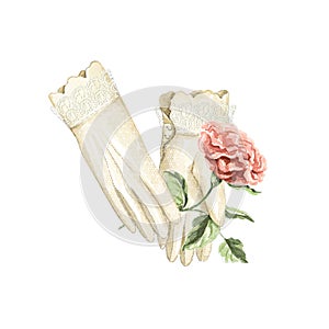 Watercolor vintage white female gloves with lace holding red rose
