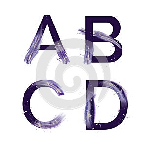 Watercolor violet abstract alphabet with gold splashes