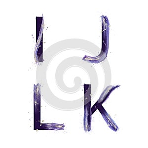 Watercolor violet abstract alphabet with gold splashes. Letters I, J, L, K.