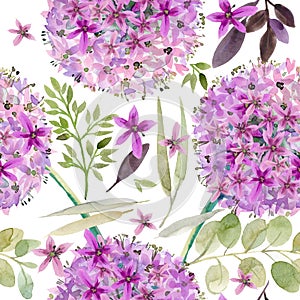 Watercolor violet flowers seamless pattern.
