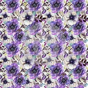 Watercolor violet flowers seamless pattern.