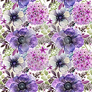 Watercolor violet flowers seamless pattern.