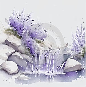 Watercolor violet lavender flowers landscape