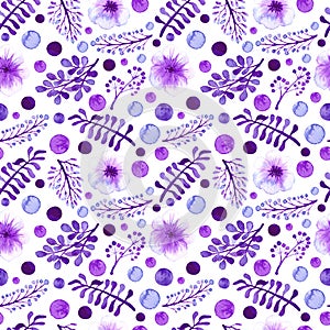 Watercolor Violet Leaves, Flowers And Spots Seamless Pattern