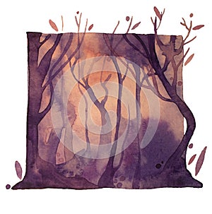 Watercolor violet mystic magic forest, isolated deep violet woods illustration