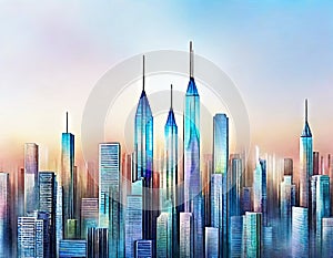 Watercolor of Virtual metropolis with holographic tall