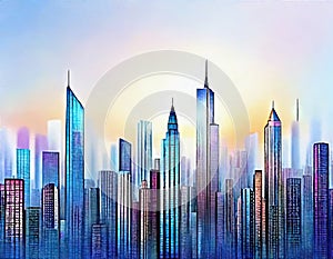 Watercolor of Virtual metropolis with holographic tall