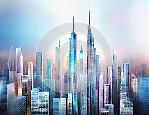 Watercolor of Virtual metropolis with holographic tall