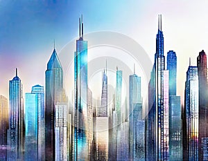 Watercolor of Virtual metropolis with holographic tall