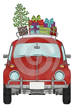 Watercolor Volkswagen Beetle with Christmas tree and gifts