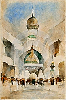 Watercolor wall tableau Art painting Al Masjid an Nabawi in the Kingdom of Saudi Arabia