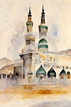 Watercolor wall tableau Art painting Al Masjid an Nabawi in the Kingdom of Saudi Arabia