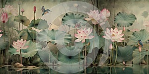 watercolor wallpaper pattern landscape of lotus flowers and leaves in water in an influential and harmonious style of colors