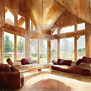 Watercolor of  of a warm and inviting living room with a cozy wooden chalet style interior