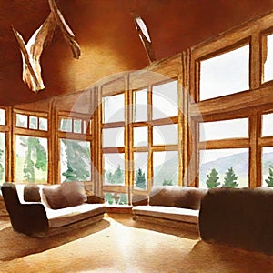 Watercolor of  of a warm and inviting living room with a cozy wooden chalet style interior