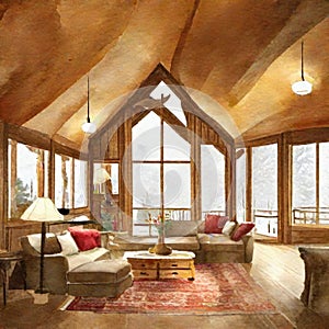 Watercolor of  of a warm and inviting living room with a cozy wooden chalet style interior