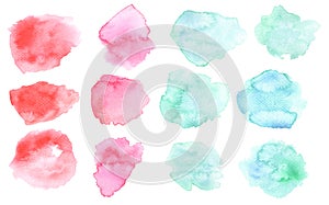 Watercolor washout blot in pink and blue color. Watercolour blots isolated on white background. Color and water gradient