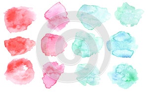 Watercolor washout blots in pink and blue colors. Watercolour blots isolated on white background.