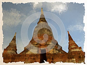 Watercolor of Wat Yai Chai Mongkol temple at Ayutthaya, Thailand