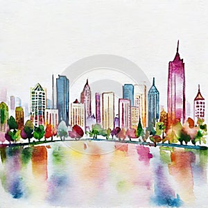 Watercolor of Watercolor Bangkok skyline with river and tall