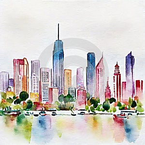 Watercolor of Watercolor Bangkok skyline with river and tall
