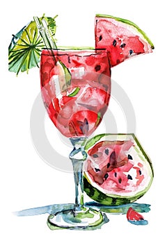 Watercolor Watermelon Cocktail in Glass with Fresh Basil