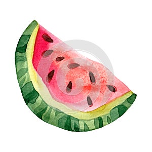 Watercolor watermelon isolated white background. Color illustration of melon drawing for children pattern or ornament. Red juicy