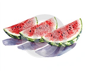 Watercolor Watermelon Slices: Four Pieces on White Background photo