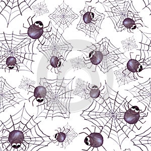 Watercolor web with spider. seamless pattern. Halloween symbol