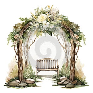 Watercolor wedding arch scene. Hand drawn isolated wood archway with flowers and bouquets on stumps. Wedding ceremony