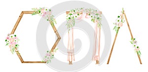 Watercolor wedding arch set. Hand drawn geometric wood archway with flowers and curtains isolated on white background