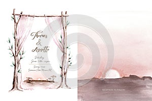 Watercolor wedding arch with tree branches. Vintage design template for invitation, card, poster. illustration, festive