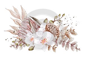 Watercolor wedding bouquet in boho style. White orchids with exotic flowers, dry branches and herbs. Design for wedding
