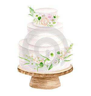 Watercolor wedding cake with floral arrangements on wood stand illustration. Hand drawn 3 tiered white cream dessert